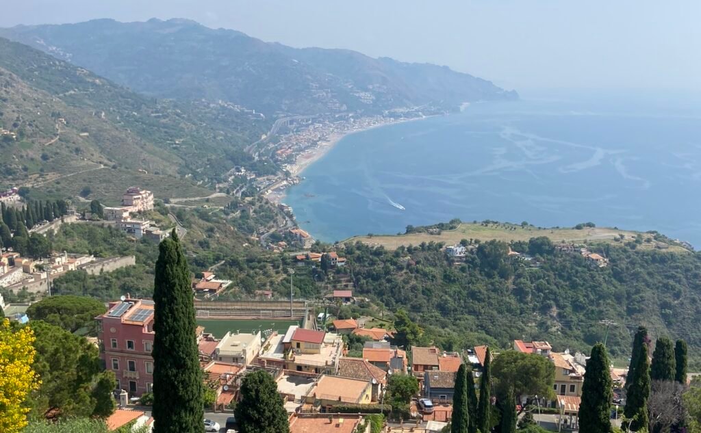 Taormina hilltop aeriel view overlooking the sea